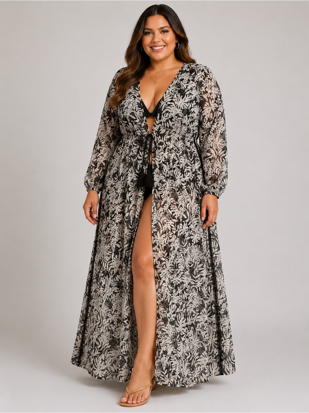 Ember Women's Black & White Tropical Print
Kimono Swim Cover-Up Size Large
